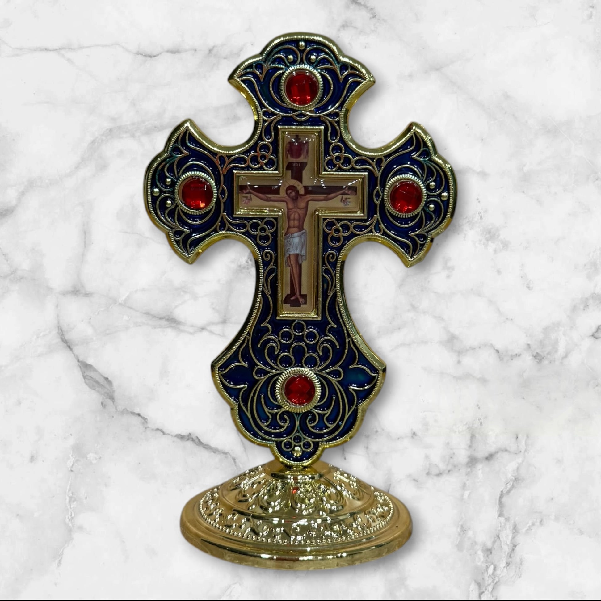 Orthodox dashboard crucifix with blue enamel and self-adhesive base