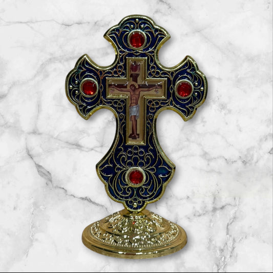 Orthodox dashboard crucifix with blue enamel and self-adhesive base