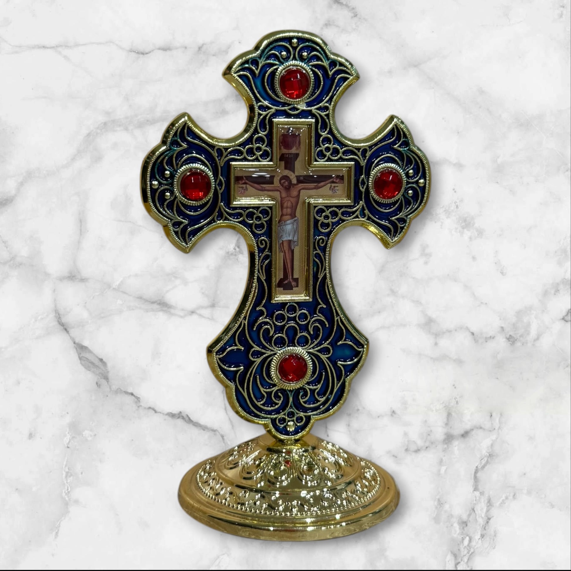Orthodox dashboard crucifix with blue enamel and self-adhesive base