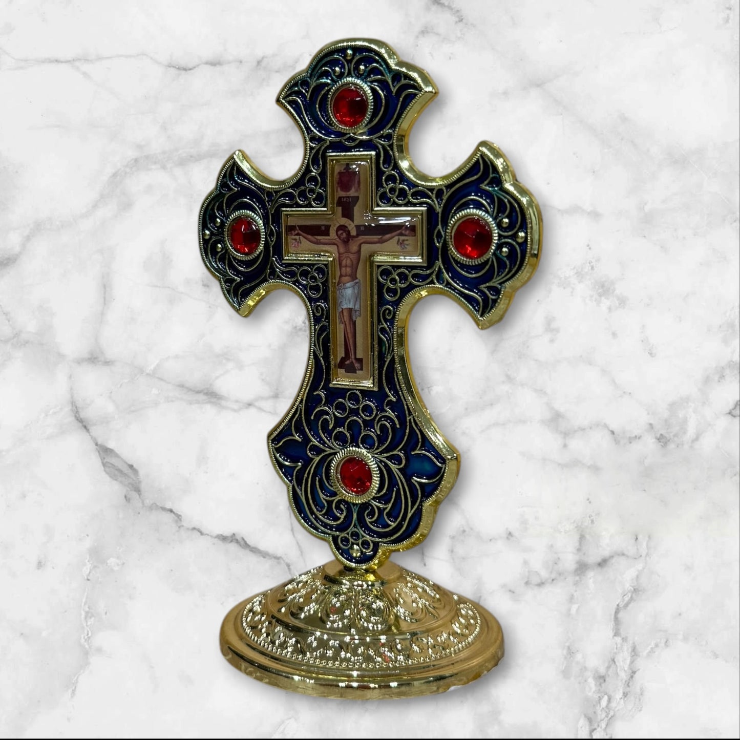 Orthodox dashboard crucifix with blue enamel and self-adhesive base