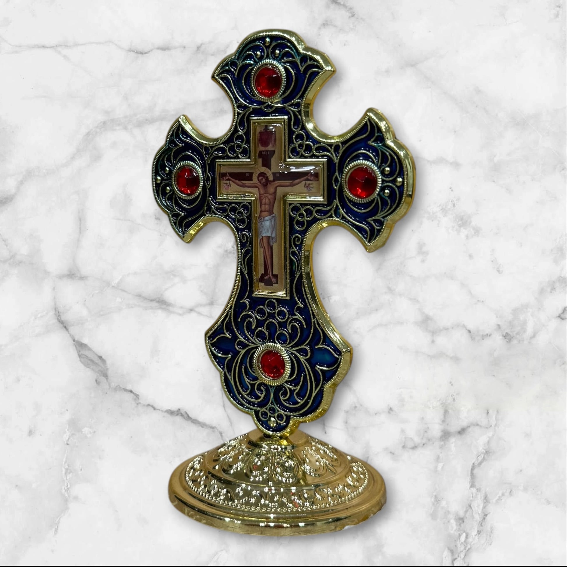 Orthodox dashboard crucifix with blue enamel and self-adhesive base