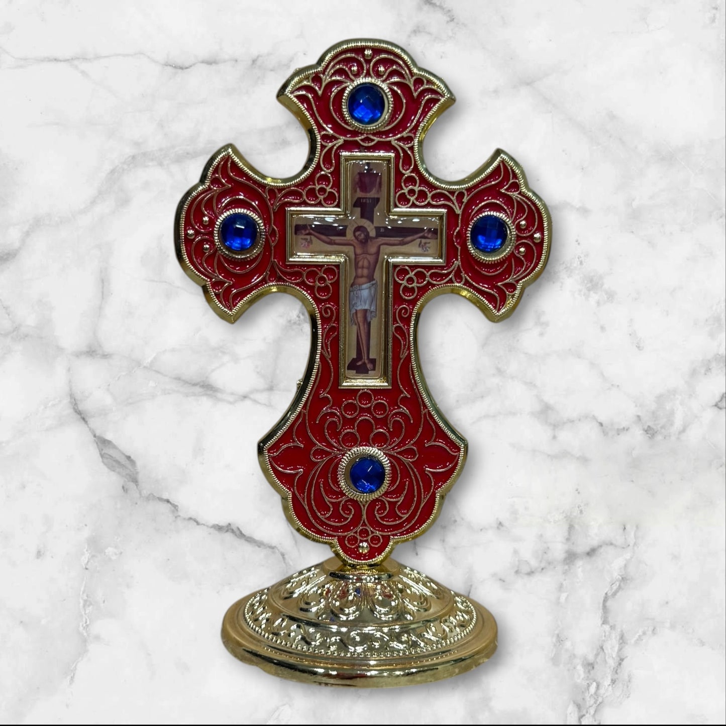 Orthodox dashboard crucifix with red enamel and self-adhesive base
