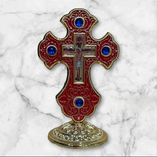 Orthodox dashboard crucifix with red enamel and self-adhesive base