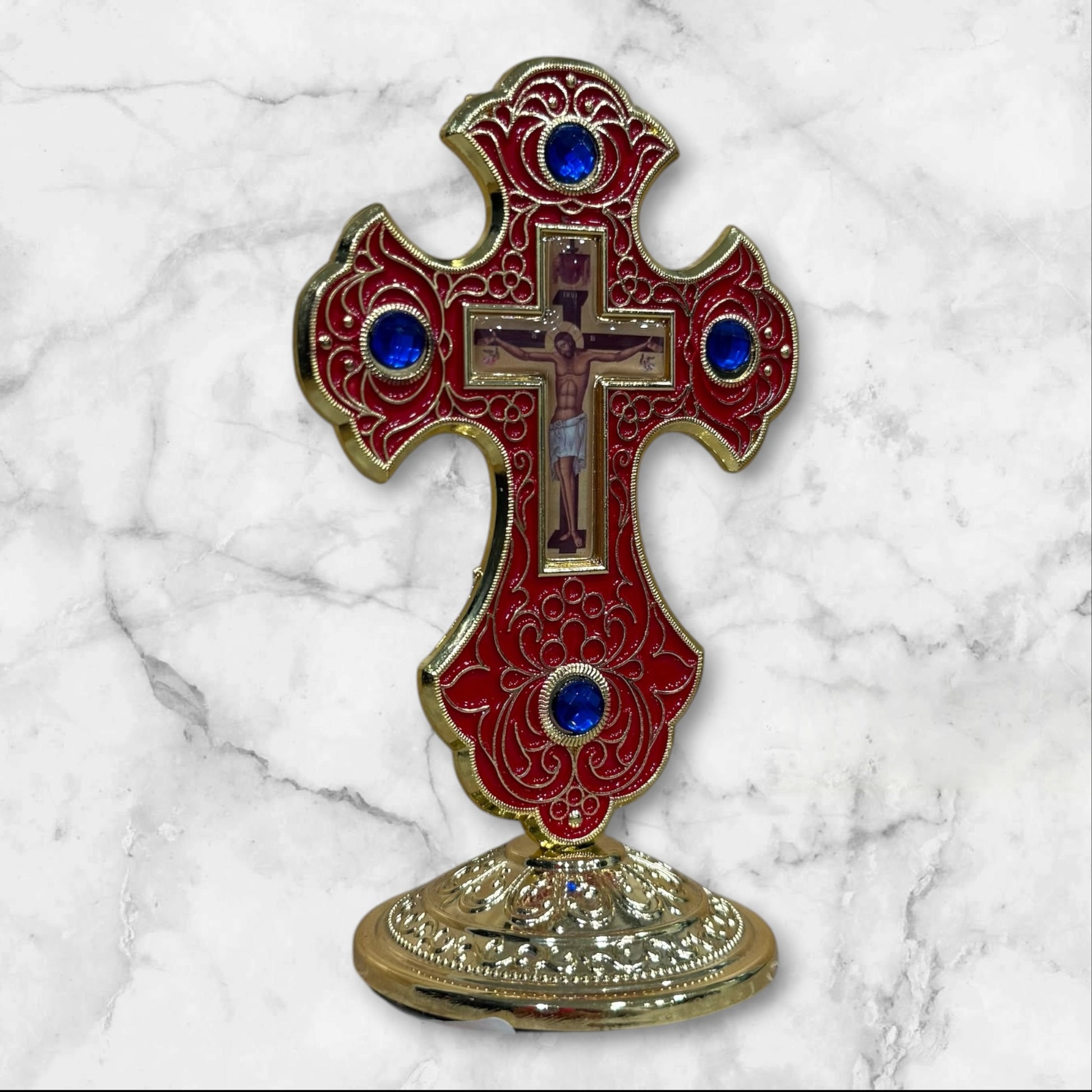 Orthodox dashboard crucifix with red enamel and self-adhesive base
