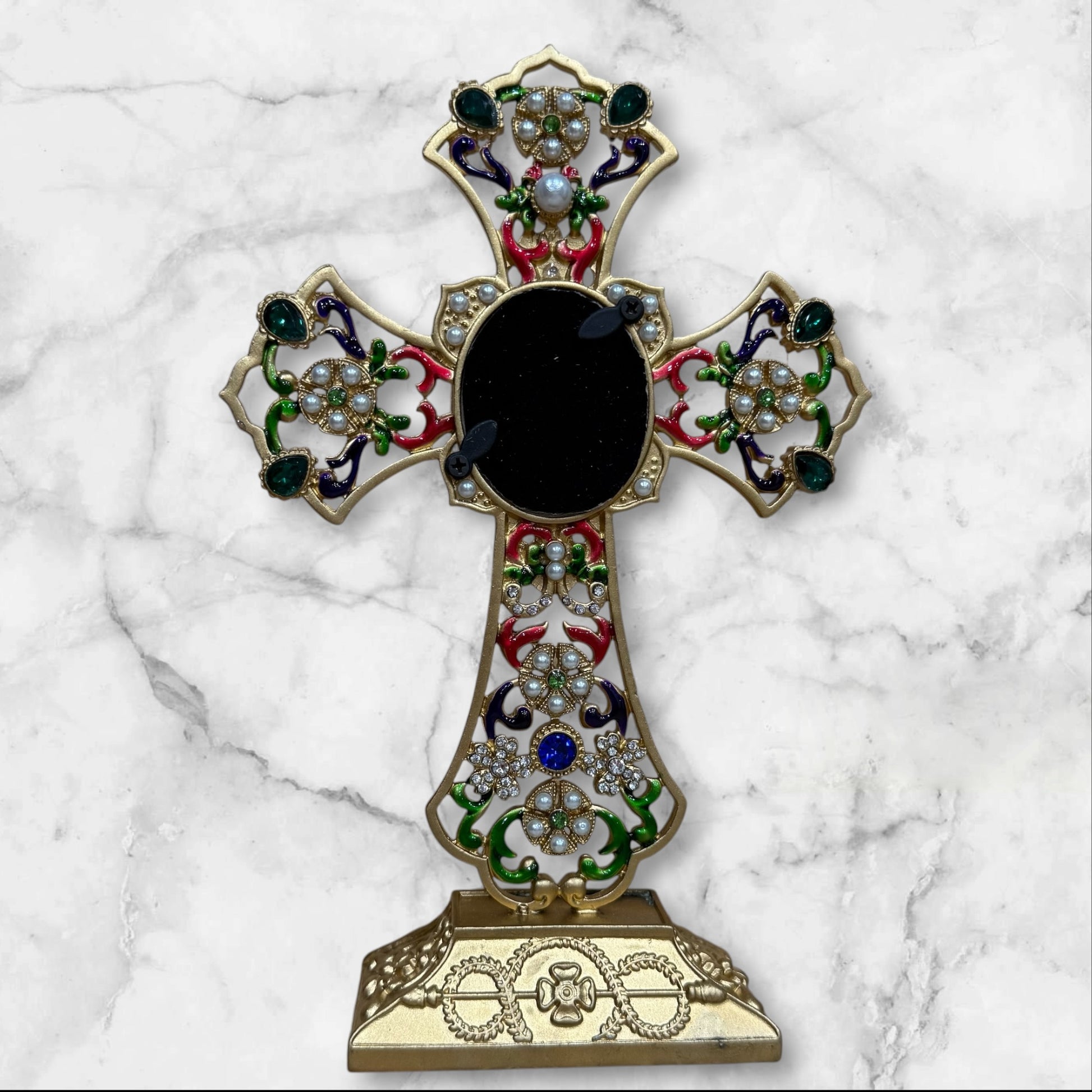 Decorative Orthodox cross-shaped icon stand with colorful enamel accents and a removable oval icon for a home prayer corner back side