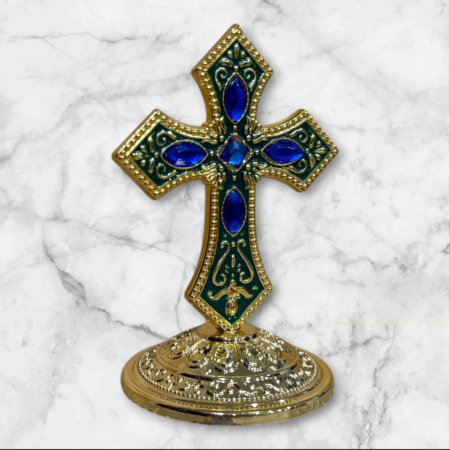 Orthodox self-adhesive dashboard cross with blue and green enamel accents