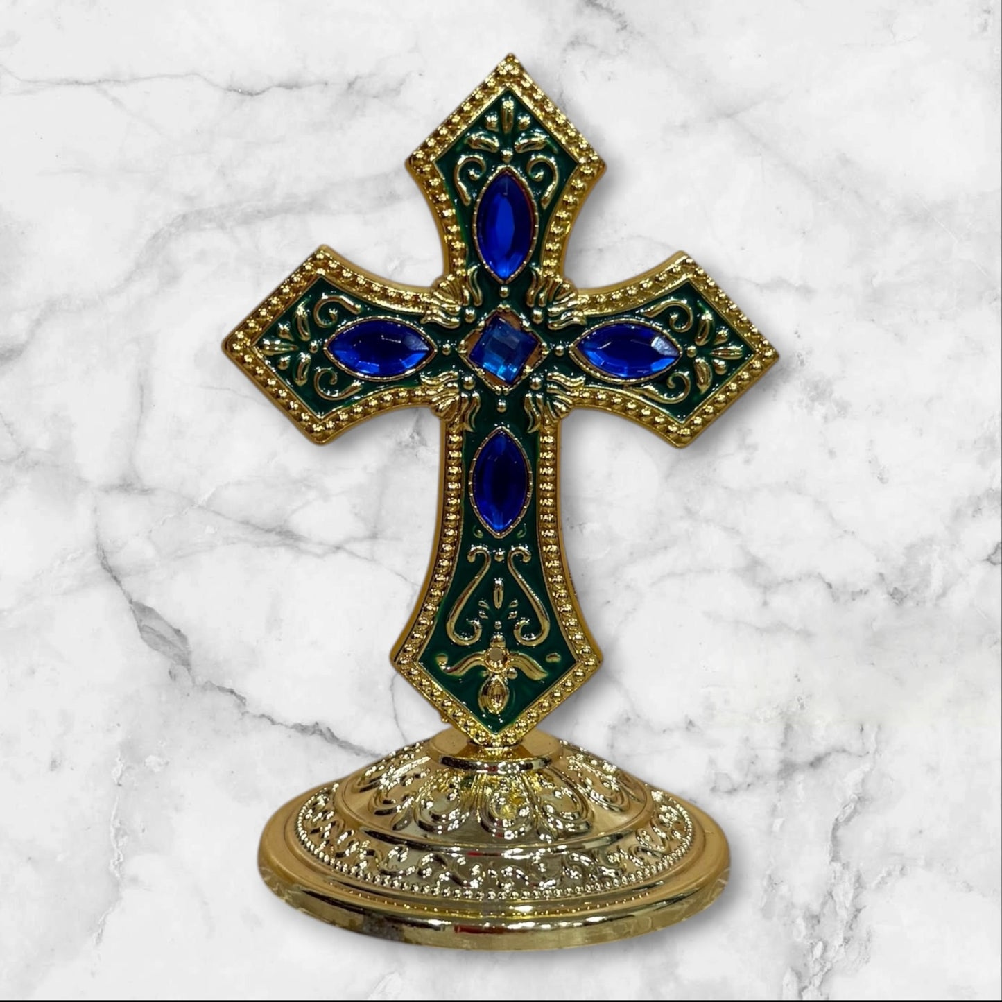 Orthodox self-adhesive dashboard cross with blue and green enamel accents