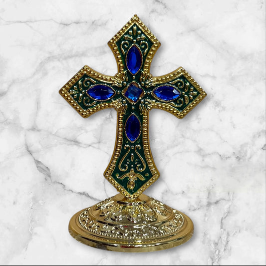Orthodox self-adhesive dashboard cross with blue and green enamel accents