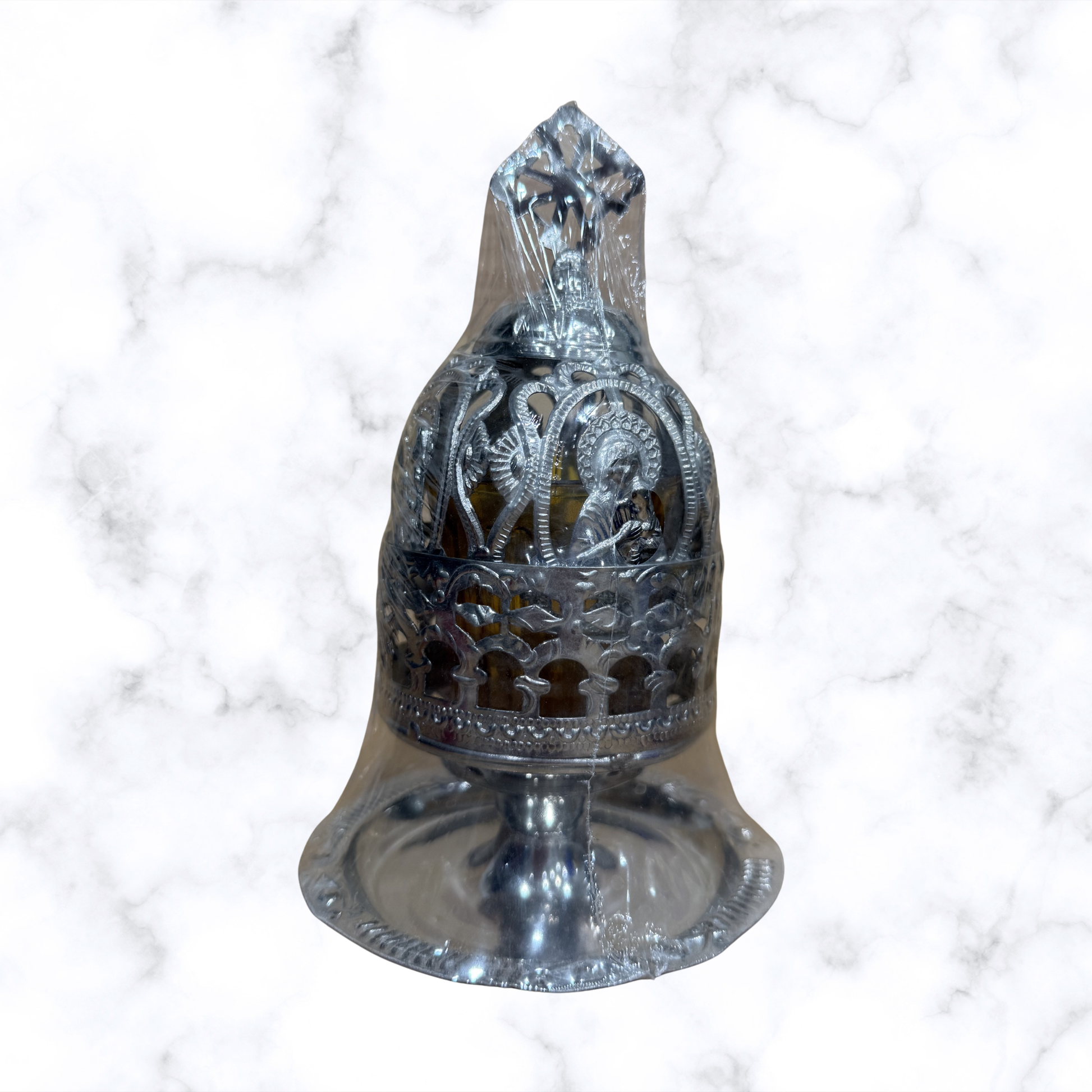 Orthodox tabletop incense burner with decorative saint icon and cross finial for home prayer