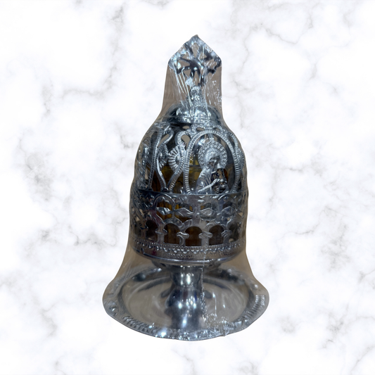 Orthodox tabletop incense burner with decorative saint icon and cross finial for home prayer