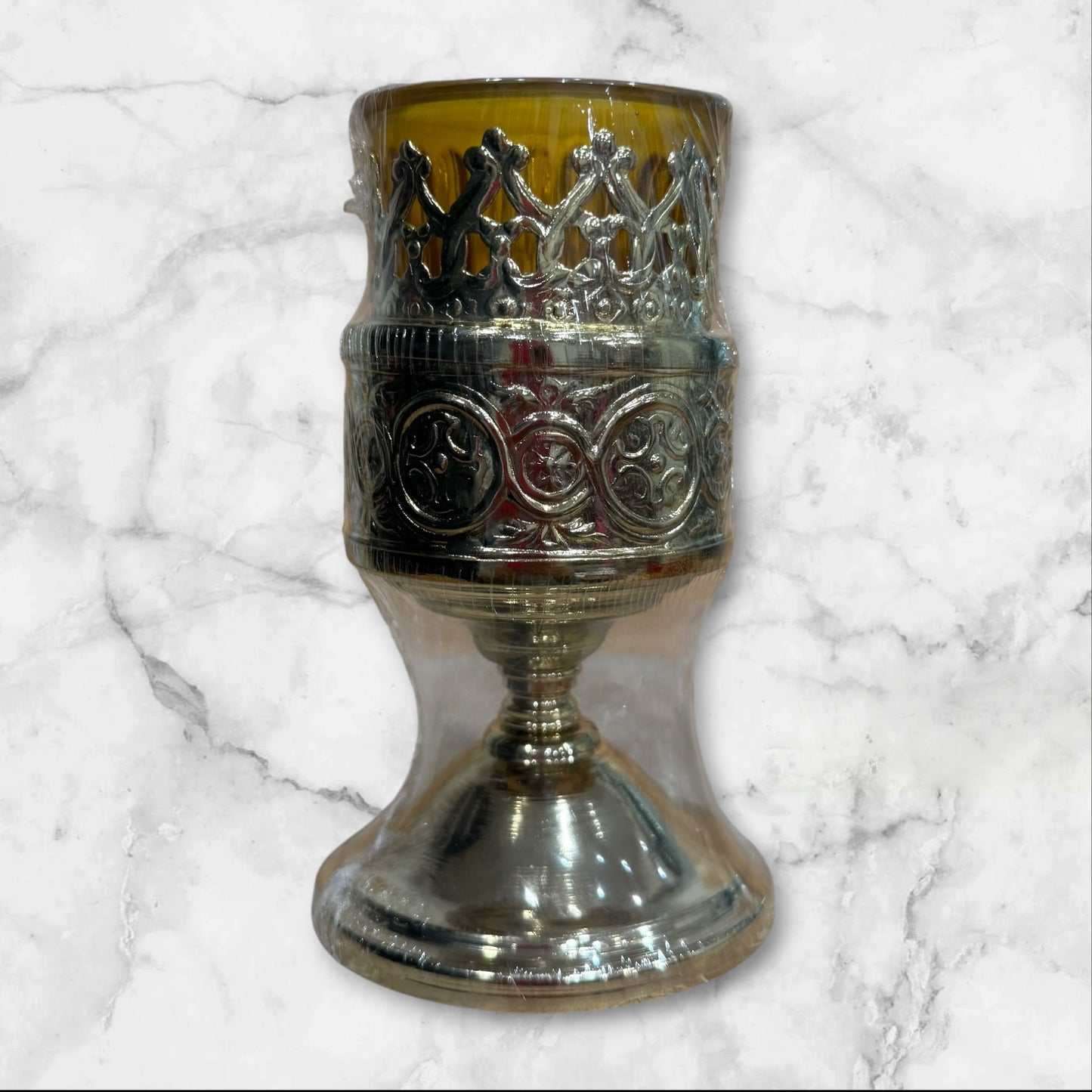 Orthodox silver-tone vigil lamp holder with amber glass cup for a home prayer corner