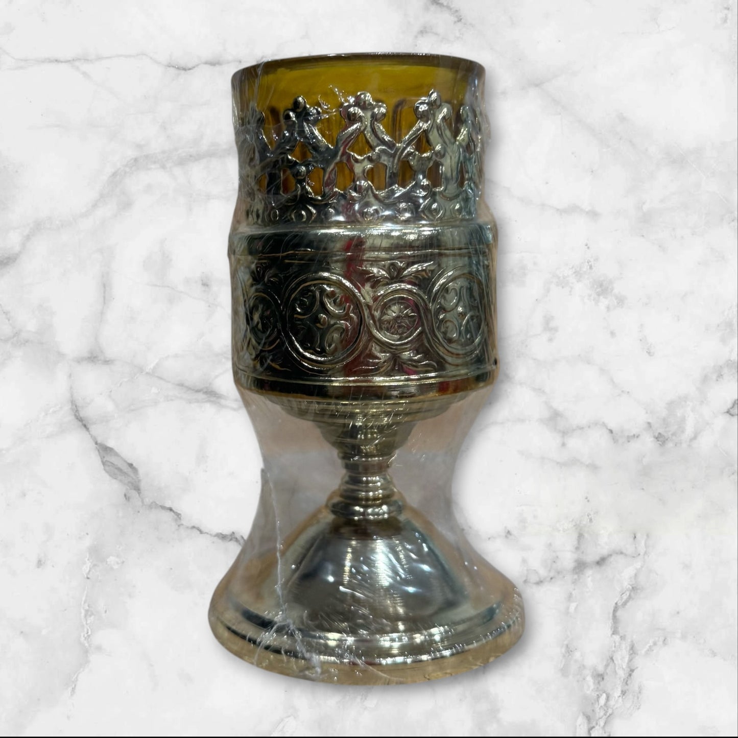 Orthodox silver-tone vigil lamp holder with amber glass cup for a home prayer corner