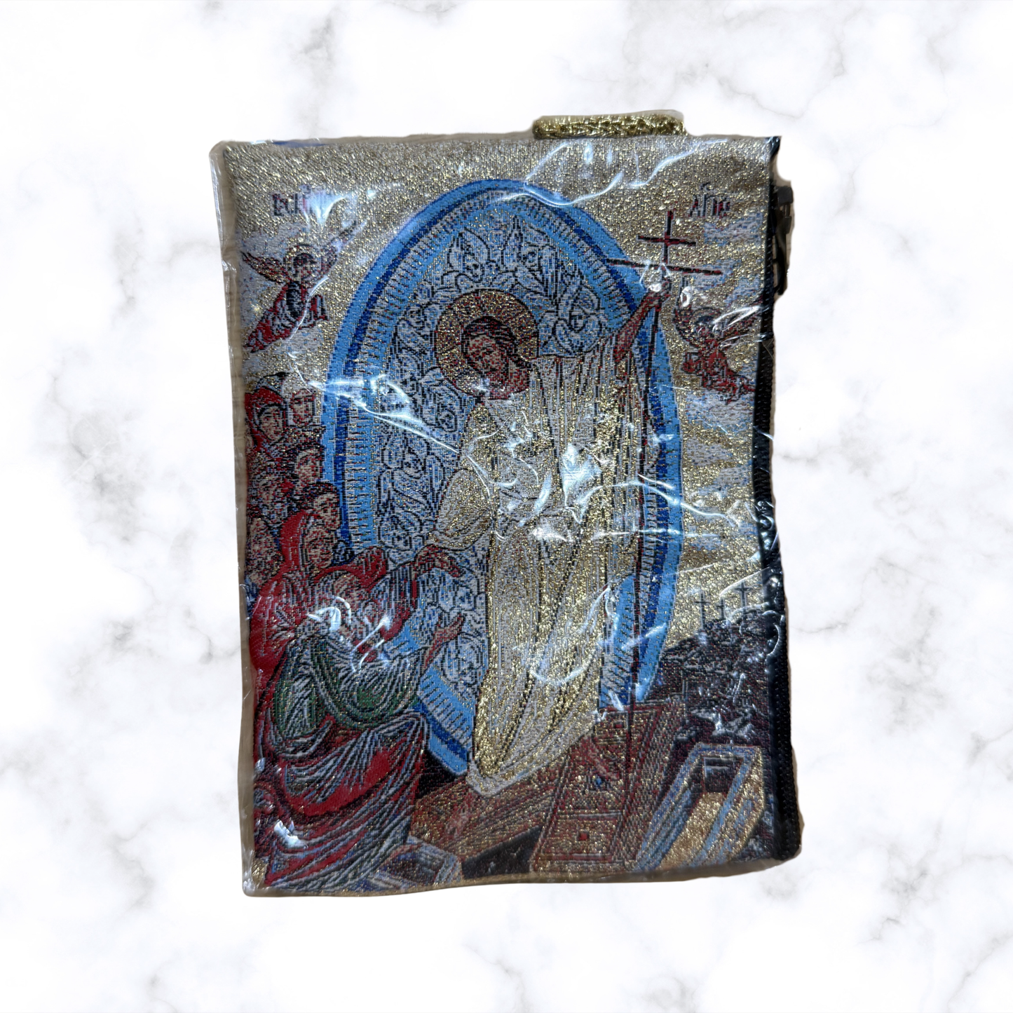 Orthodox pouch featuring the Resurrection descent into hades icon with woven icon artwork and protective zipper closure.