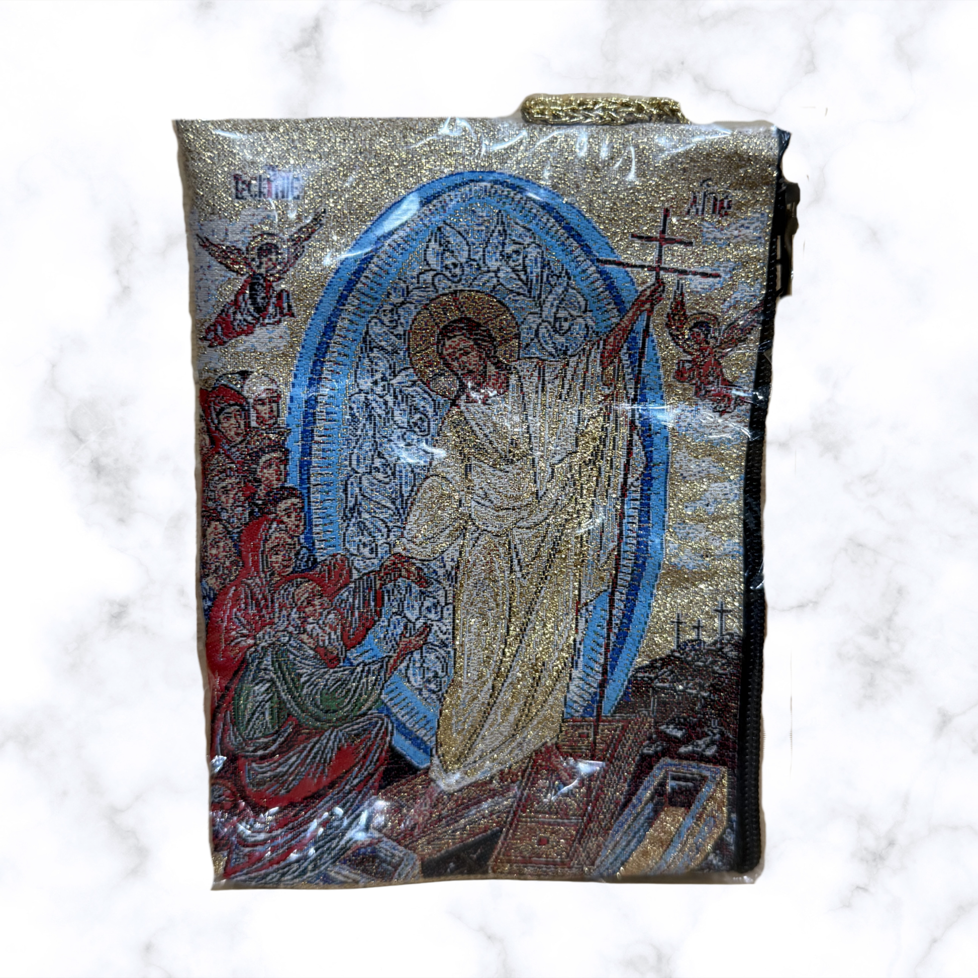 Orthodox pouch featuring the Resurrection descent into hades icon with woven icon artwork and protective zipper closure.