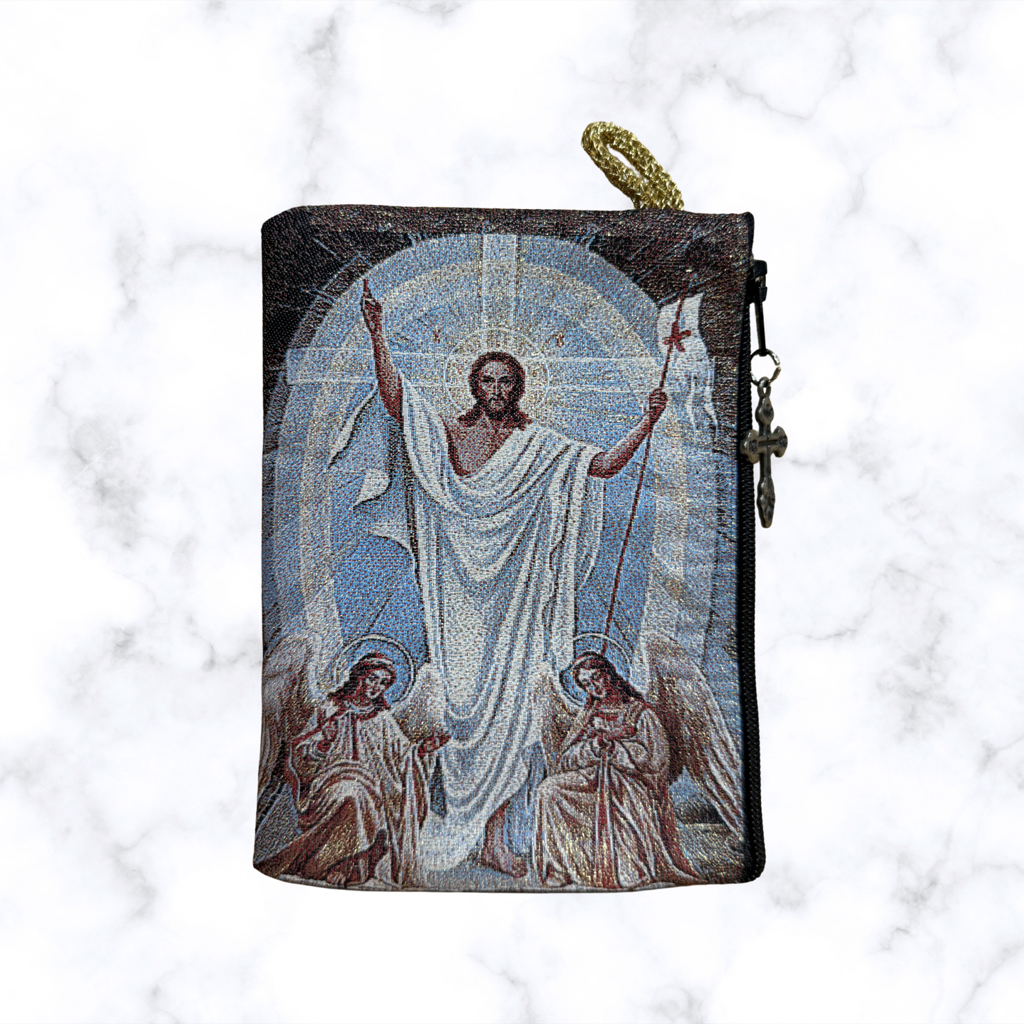 Prayer pouch featuring the Resurrection of Christ with a decorative cross zipper pull
