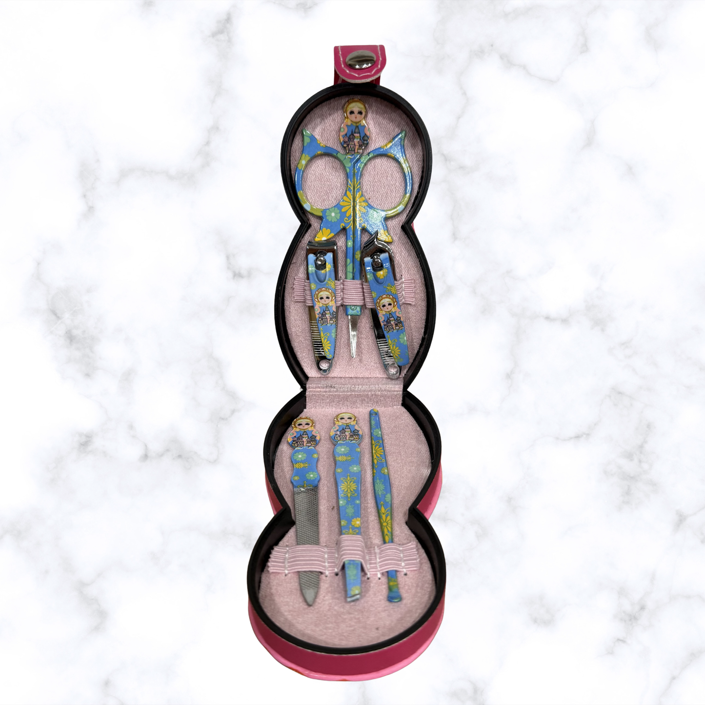Pink Russian matryoshka manicure and grooming kit with travel case and personal care tools