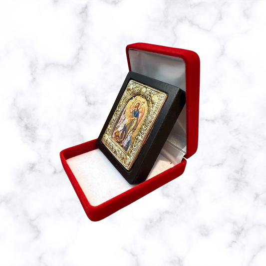 Saint John the Baptist icon with silver-tone decorative frame displayed in a red velvet gift presentation box