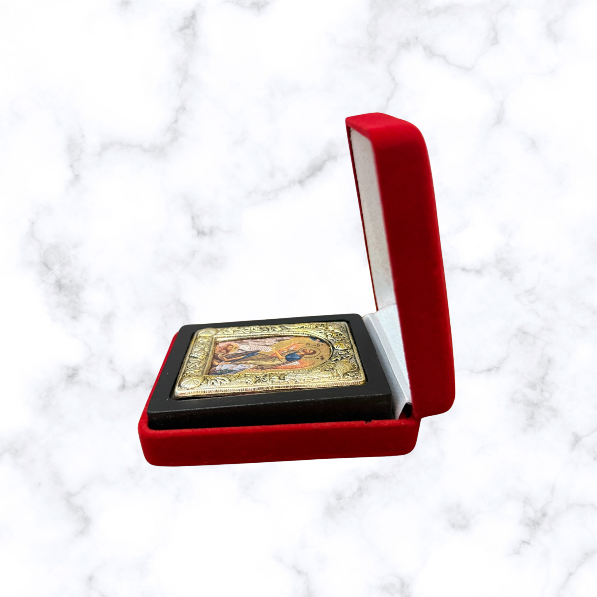 Saint John the Baptist icon with silver-tone decorative frame displayed in a red velvet gift presentation box