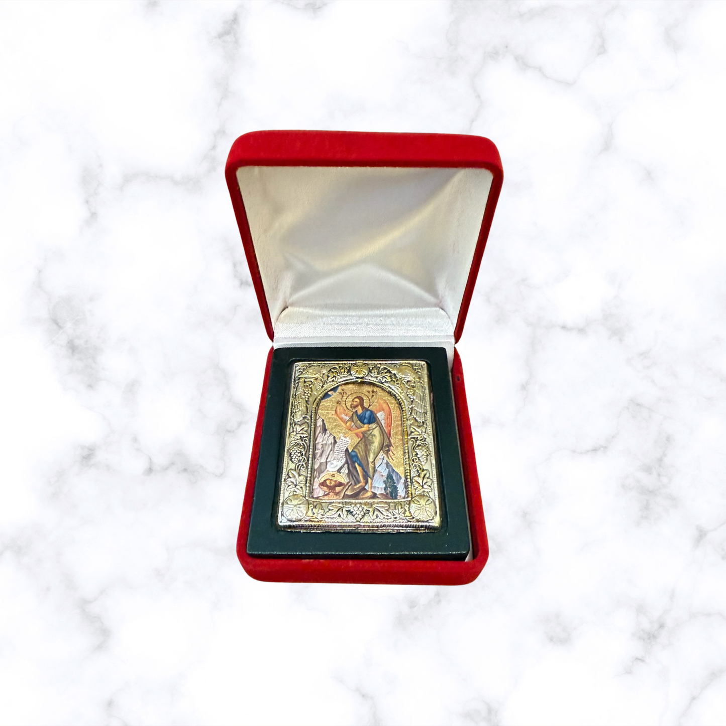 Saint John the Baptist icon with silver-tone decorative frame displayed in a red velvet gift presentation box