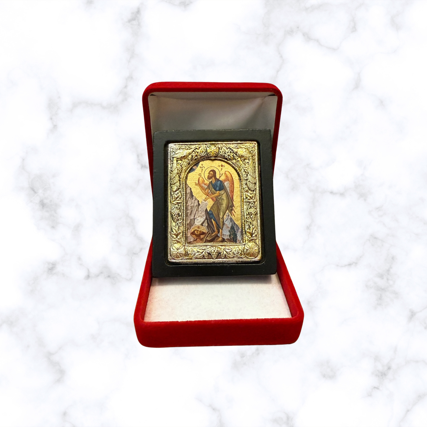 Saint John the Baptist icon with silver-tone decorative frame displayed in a red velvet gift presentation box