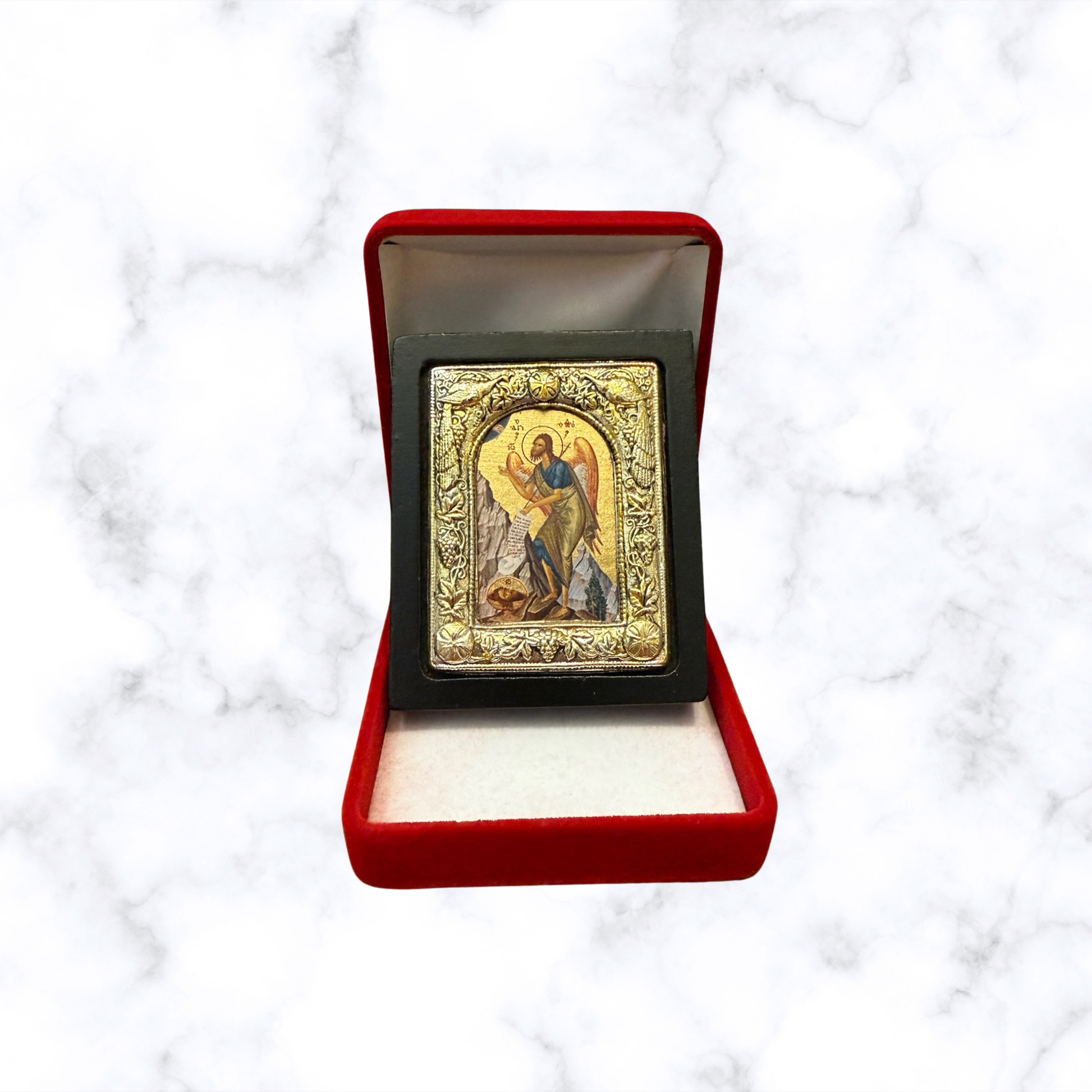 Saint John the Baptist icon with silver-tone decorative frame displayed in a red velvet gift presentation box