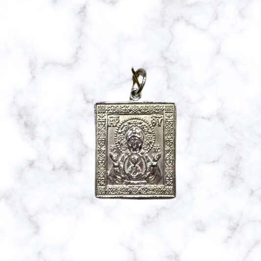 Silver-tone Saint Matrona of Moscow icon pendant with detailed Orthodox icon design.