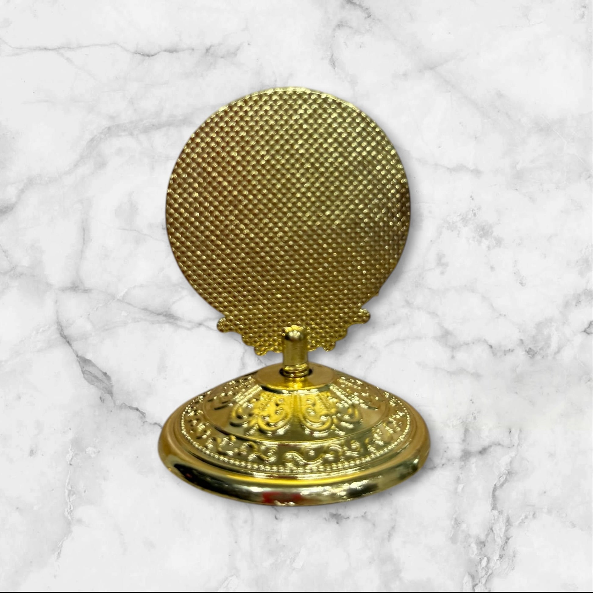 Standing Orthodox icon of Saint Nicholas the Wonderworker with decorative gold base and self-adhesive mounting back side