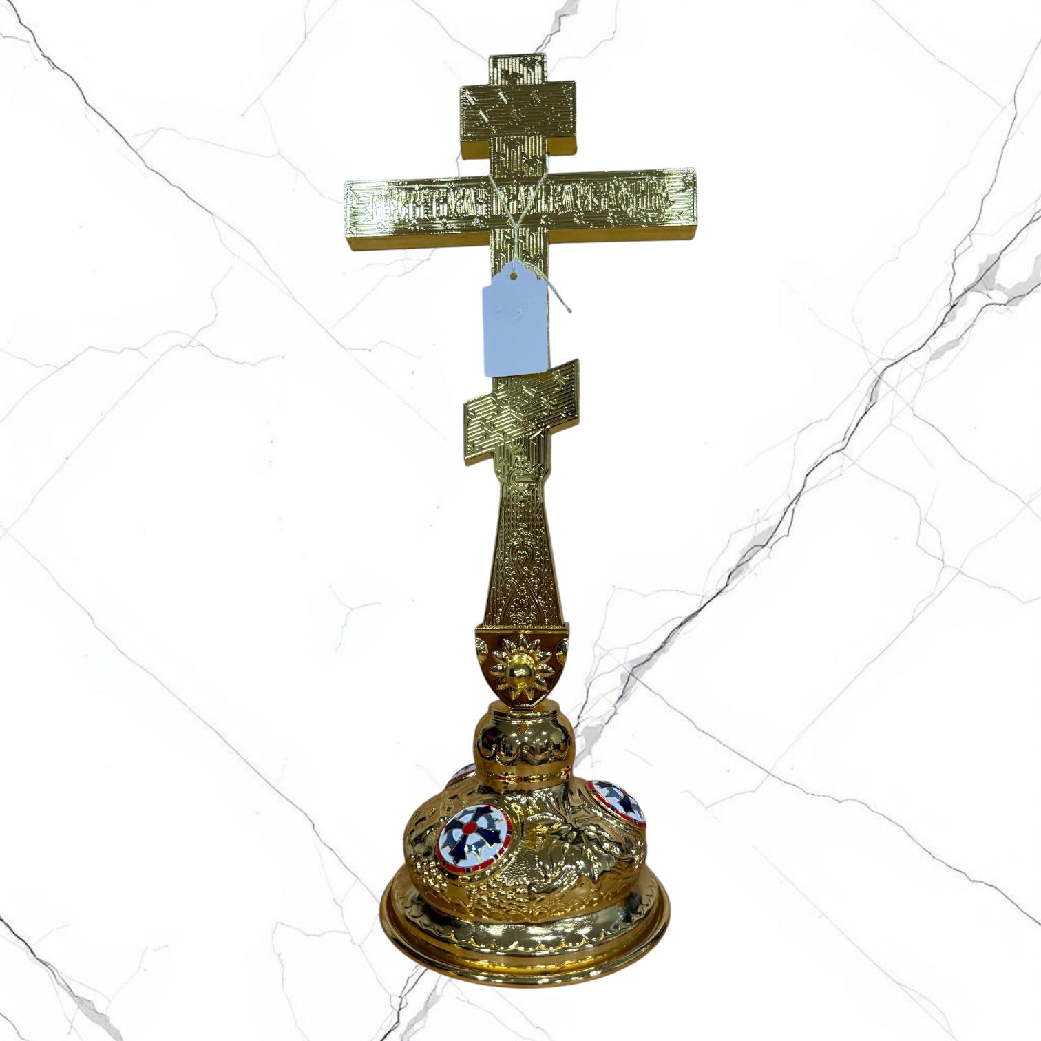 gold-tone Orthodox standing blessing cross with ornate handle and decorative base