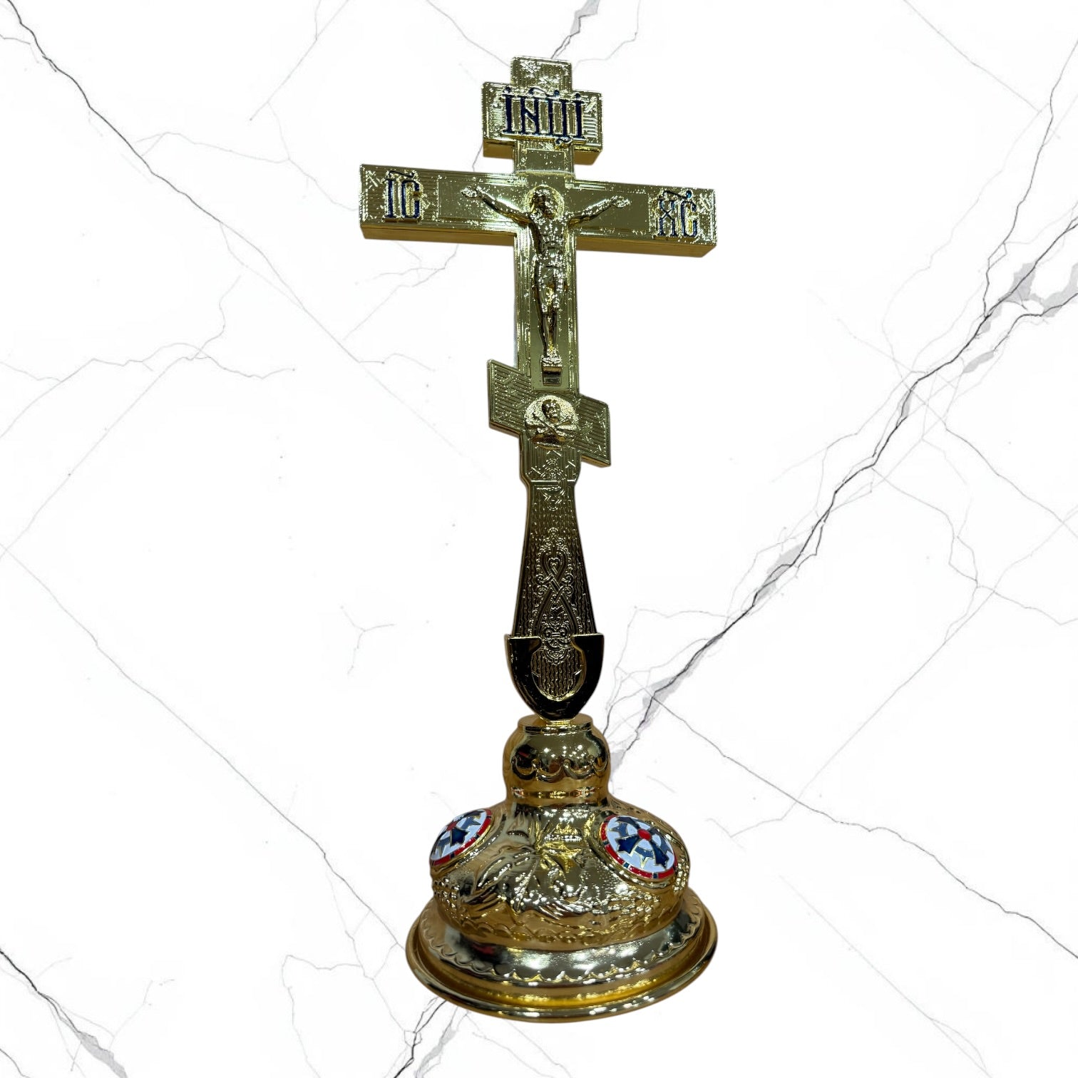 gold-tone Orthodox standing blessing cross with ornate handle and decorative base
