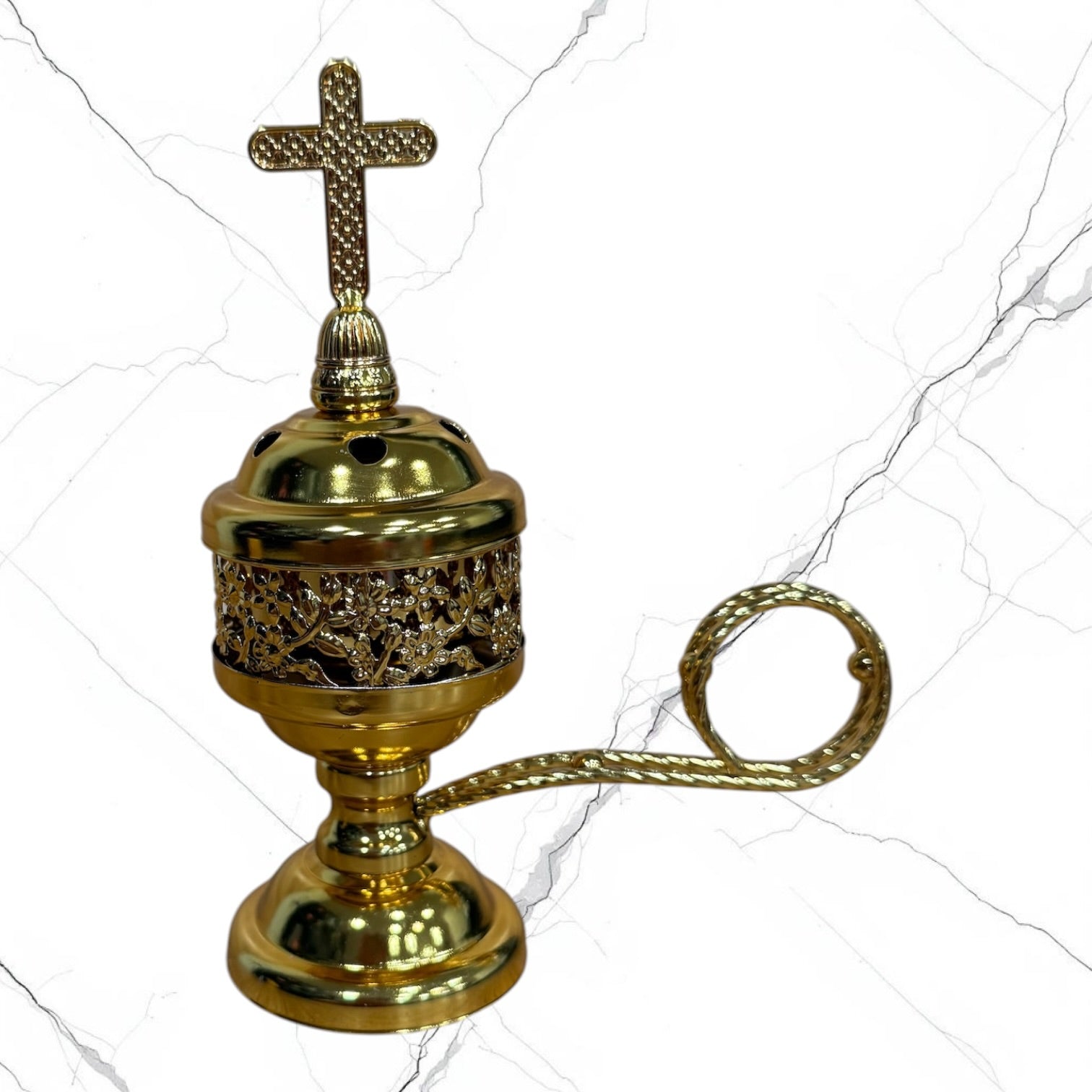 gold standing incense burner with carrying handle, removable cross lid, charcoal cup, and pedestal base for burning incense during prayer.