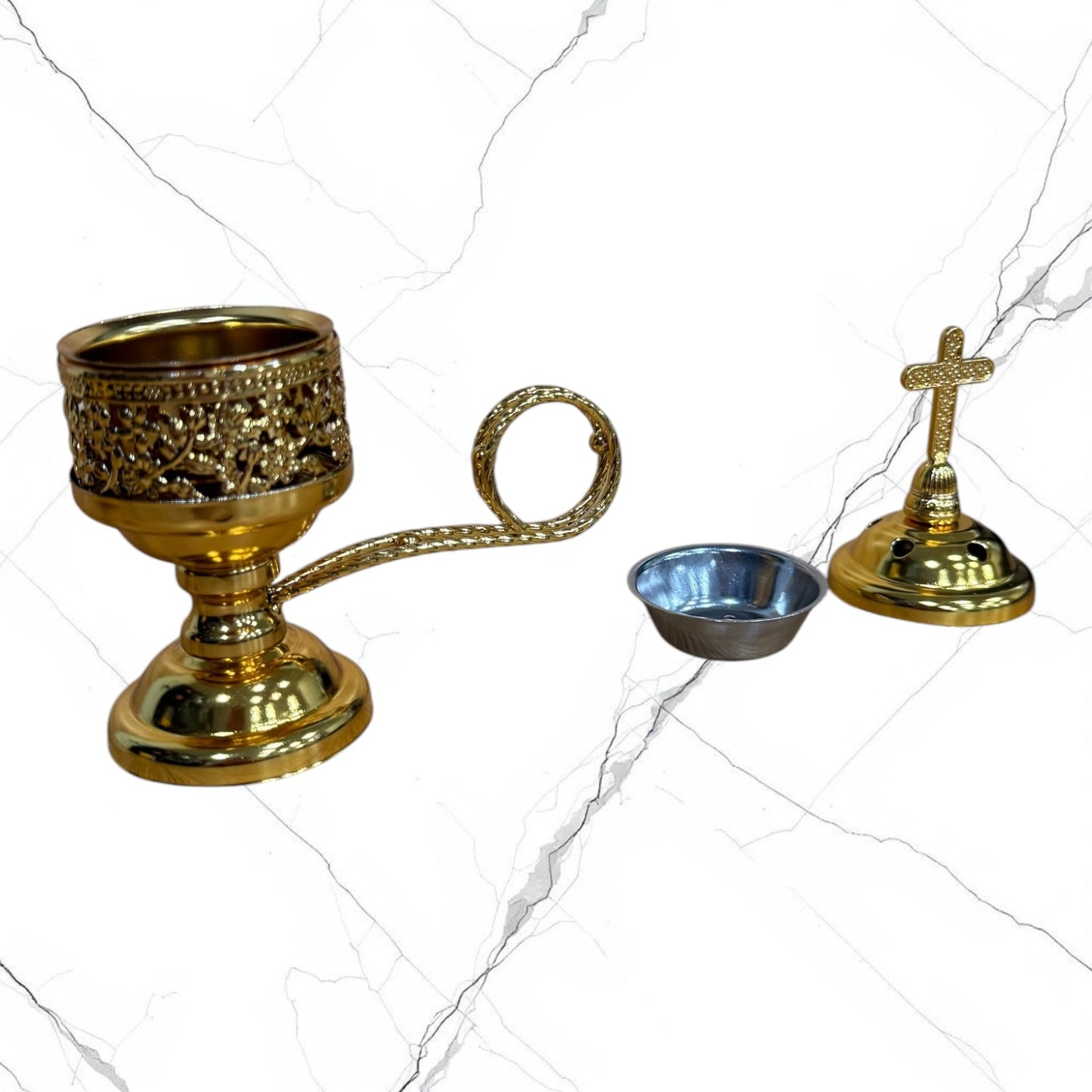 gold standing incense burner with carrying handle, removable cross lid, charcoal cup, and pedestal base for burning incense during prayer.