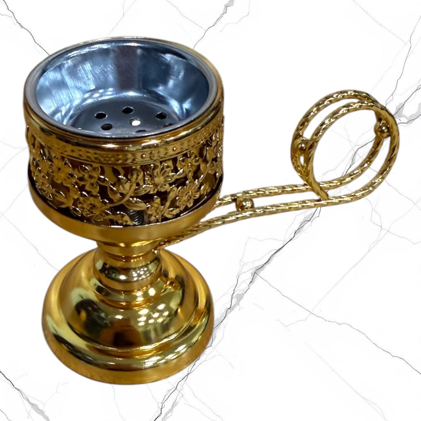 gold standing incense burner with carrying handle, removable cross lid, charcoal cup, and pedestal base for burning incense during prayer.