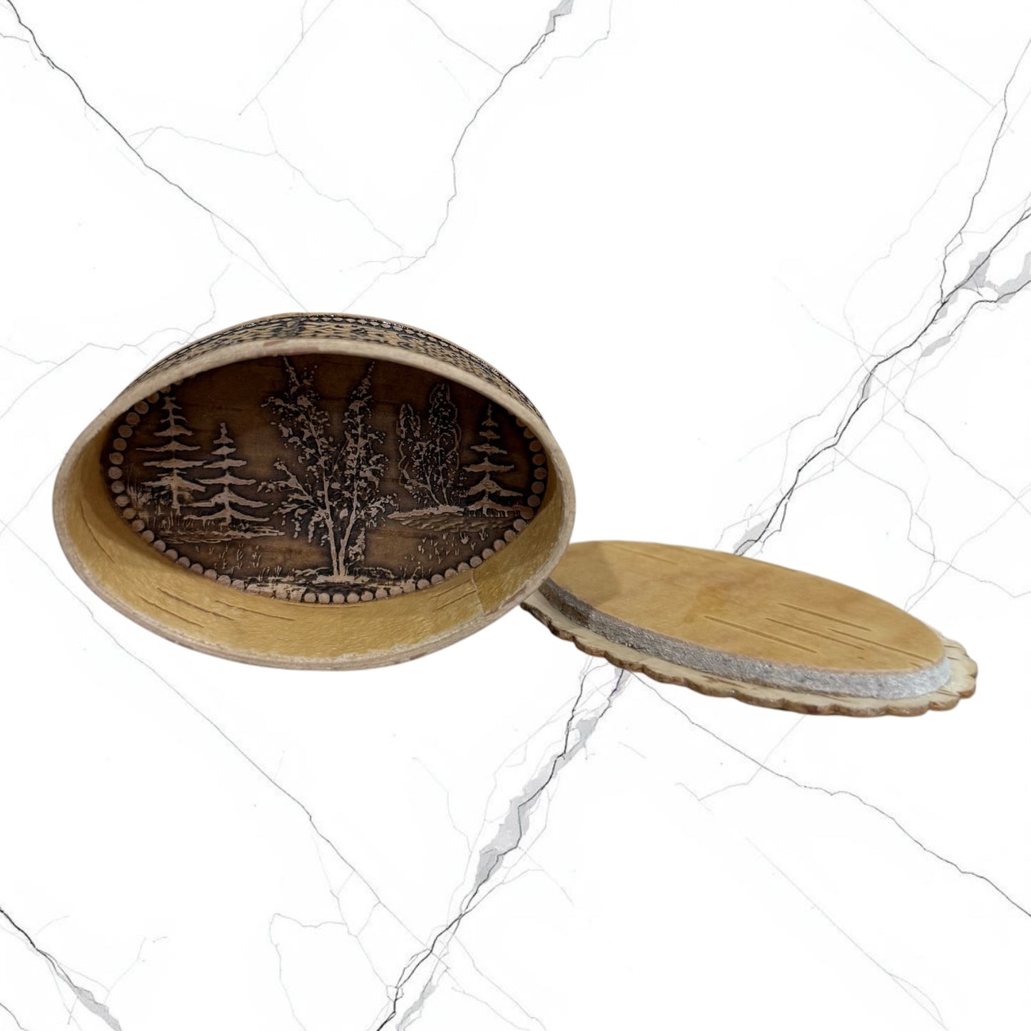Open wooden keepsake box featuring Christ the Teacher with an engraved woodland scene inside.