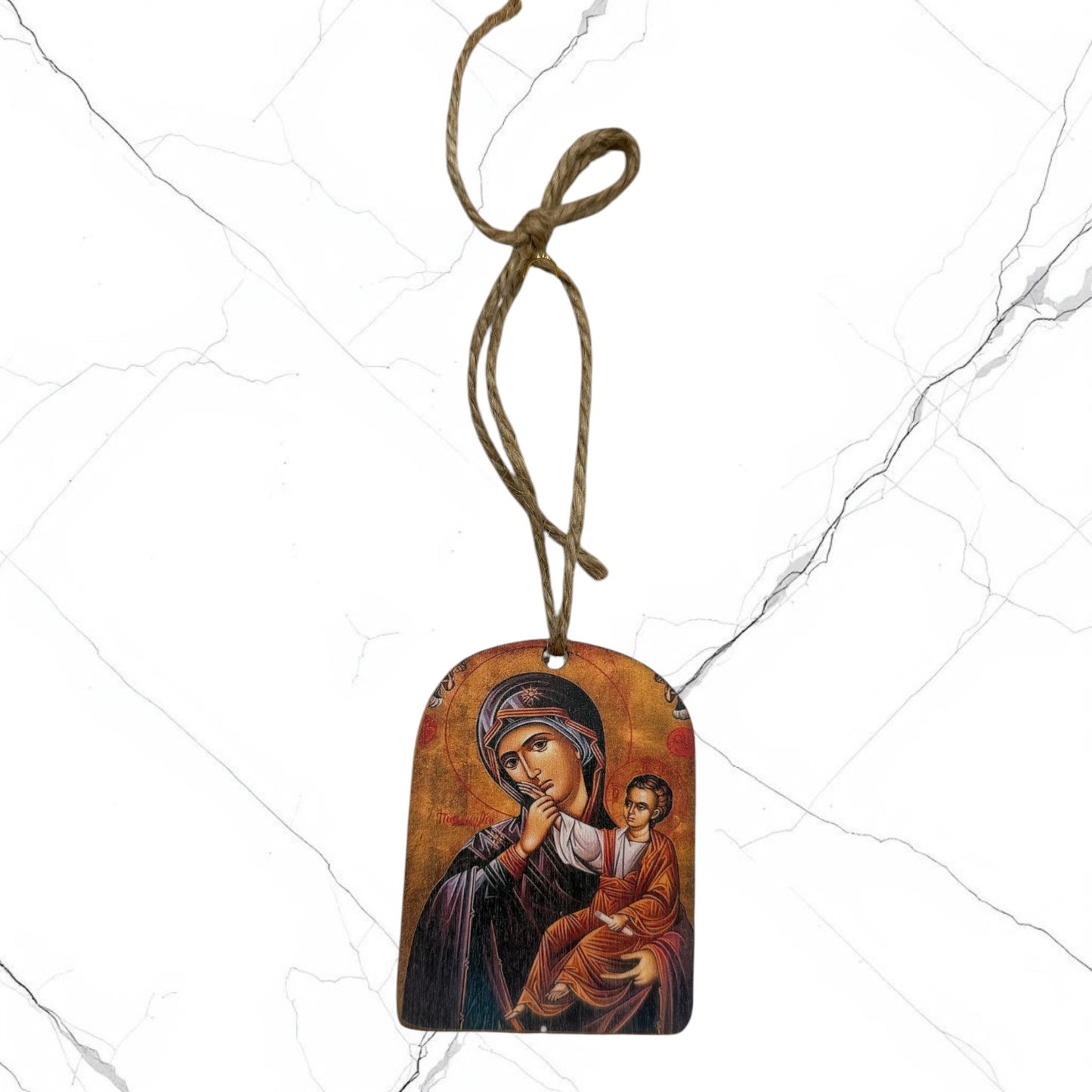 Wooden Icon Ornament featuring the Mother of God "Sweet Kissing" with hanging cord.