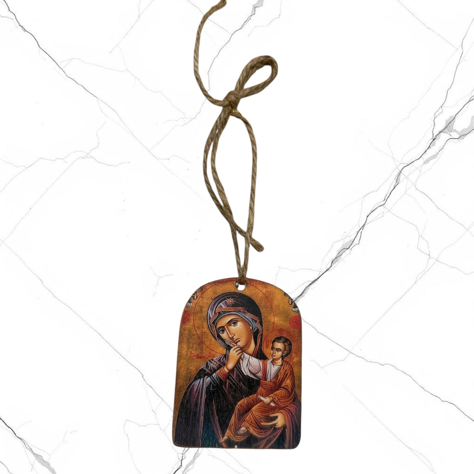 Wooden Icon Ornament featuring the Mother of God "Sweet Kissing" with hanging cord.