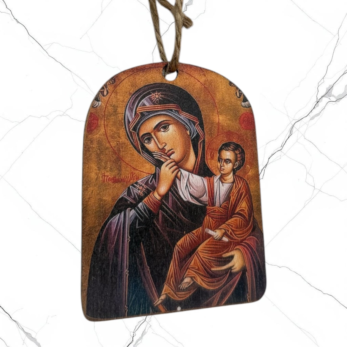 Wooden Icon Ornament featuring the Mother of God "Sweet Kissing" with hanging cord.