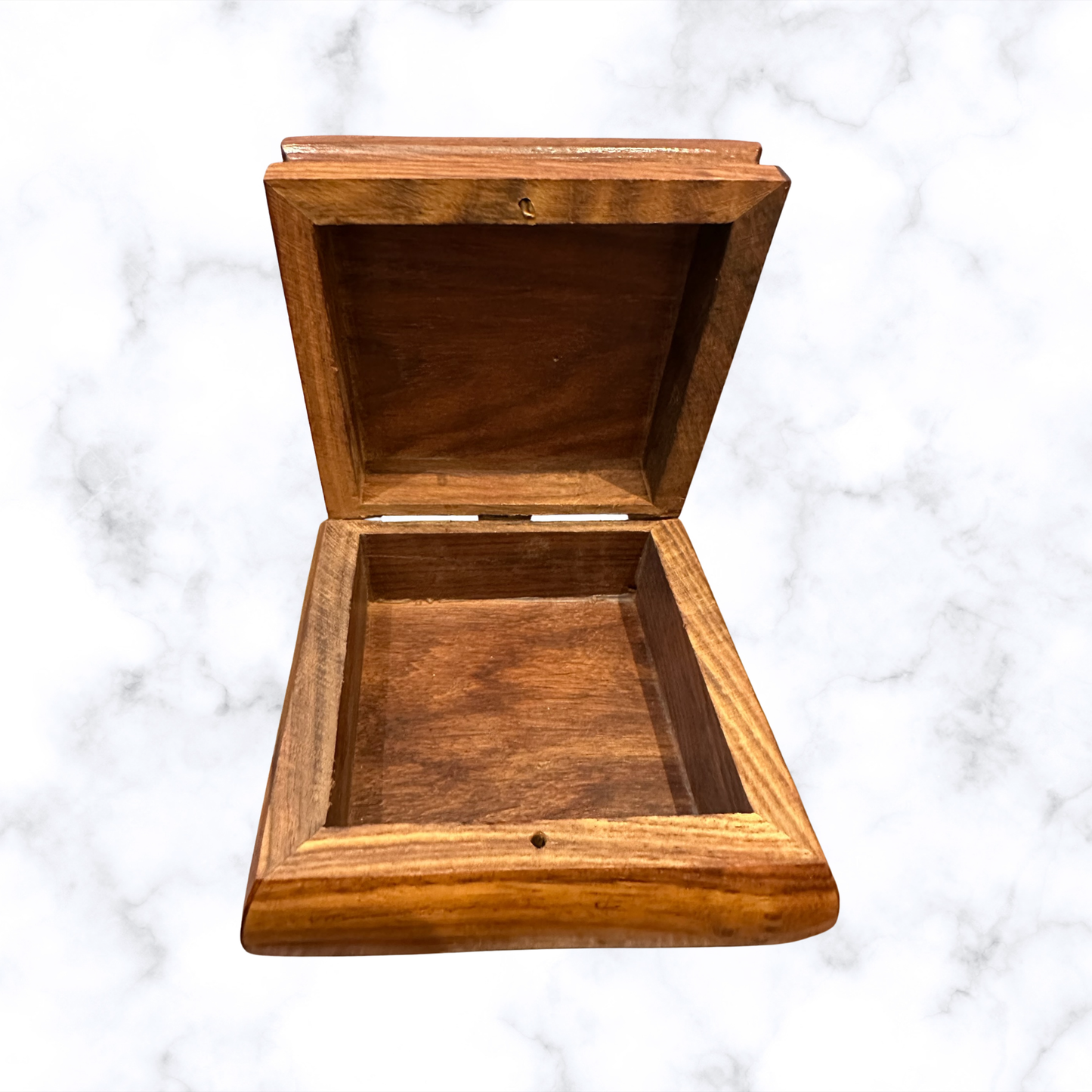 Open wooden keepsake box with hinged lid and spacious interior for jewelry, prayer ropes, or devotional items