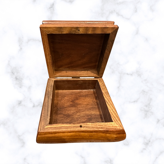 Open wooden keepsake box with hinged lid and spacious interior for jewelry, prayer ropes, or devotional items